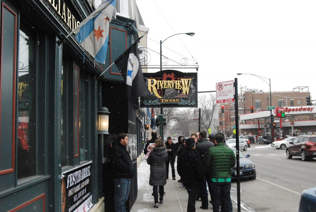 The line to enter the Riverview Tavern around 11:55.