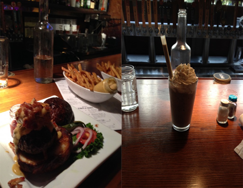 The American burger (with Bison meat) on the right and a white chocolate raspberry/cookies and creme shake.