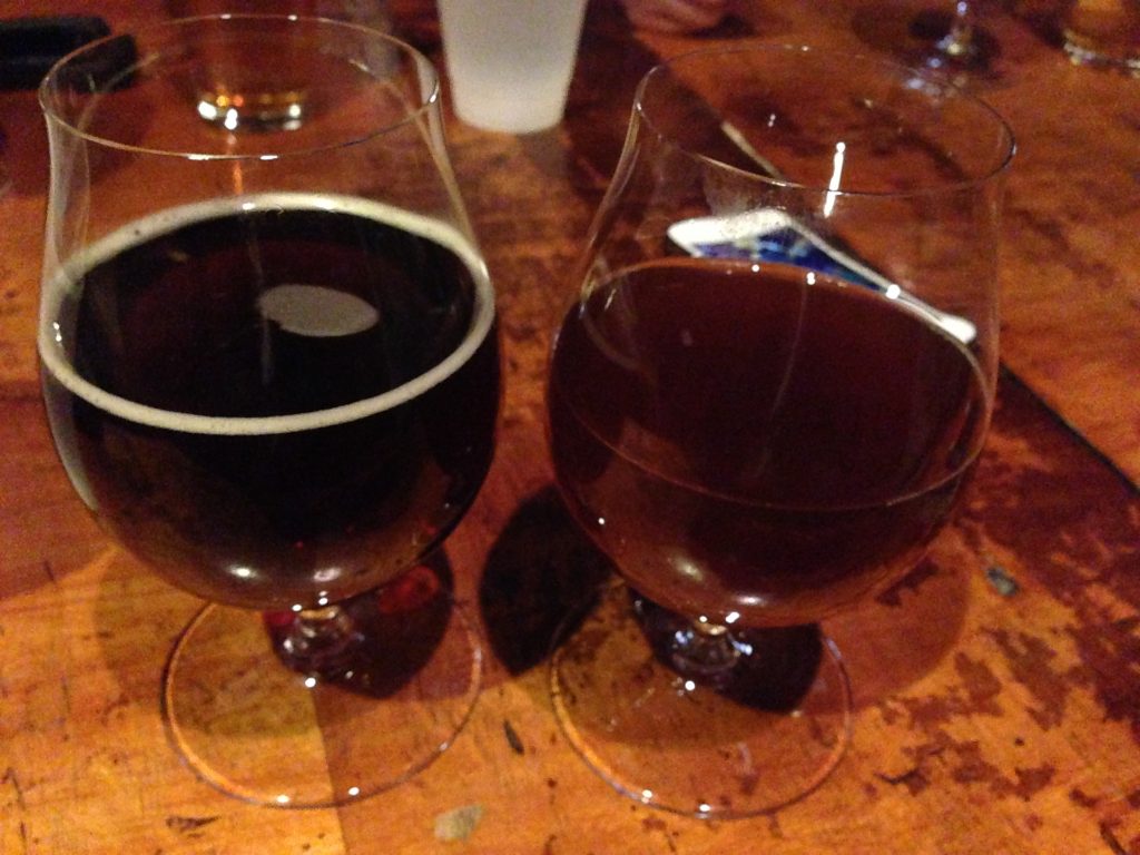 My pours of Chickory Dickory Choc Brown Ale (left) and Good Gourd Almighty (right).